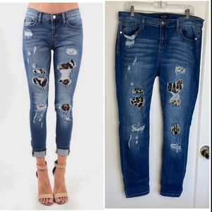 Judy Blue Distressed Skinny Jeans - Blue with Leopard Accents